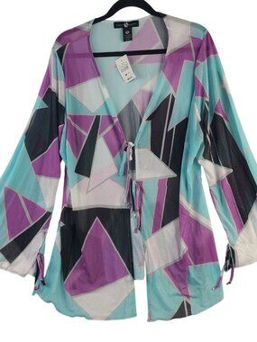 Ashley Stewart Womens Abstract Print Sheer Tie-Front Kimono Cardigan Size 18/20